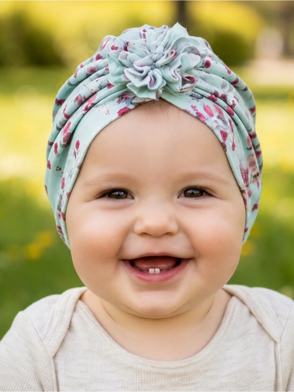 Mint Floral Baby Turban Headwrap with Rosette Accent